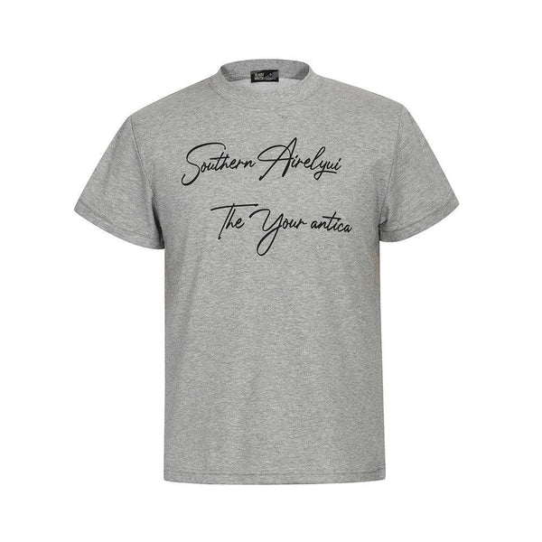 Handwritten English Letter Print Short Sleeve T-Shirt Men's Slim Fit Regular Shoulder Casual Round Neck Half Sleeve Top INS Trendy Tee