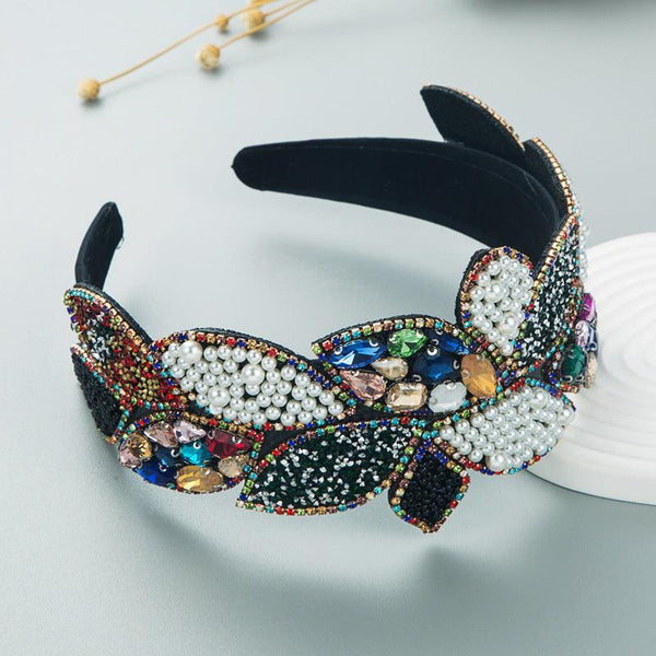 Headband Fashion Ball Rhinestone Pearl Leaf-Shaped Baroque Headband Exaggerated Wide-Brimmed Hair Accessories