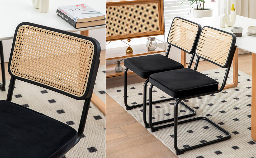 Dining Chairs Set of 2 velvet wicker side decorative chairs, black painted legs, modern medieval Bruell designed chairs,