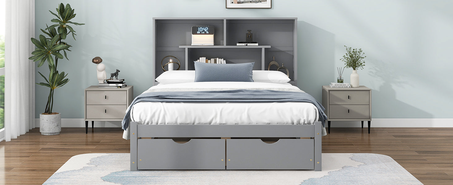 Full Size Platform Bed with Storage Headboard and 2 Drawers, Gray