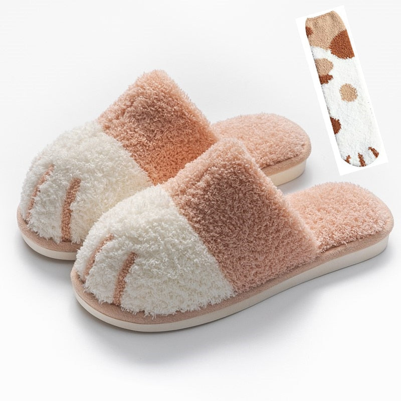 Winter House Warm Fur Slipers For Women Cute Cat paw Designer Bedroom Warm Plush Shoes Non-slip Indoor Women Furry Slippers
