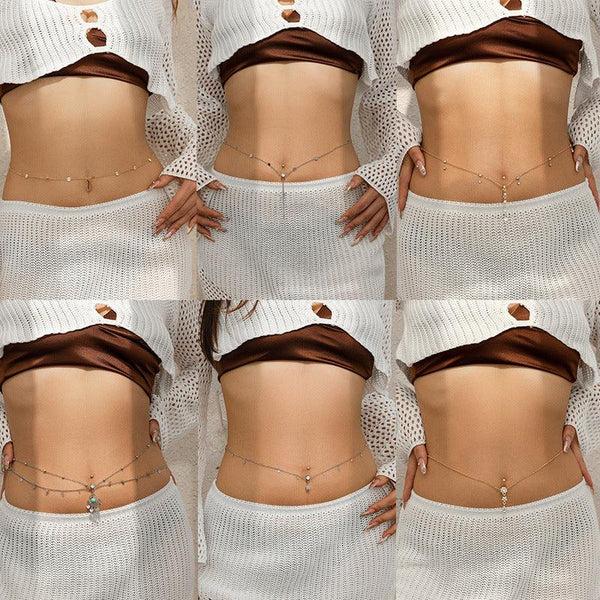 Sexy rhinestone puncture navel nail waist chain, sweet and cool summer body chain
