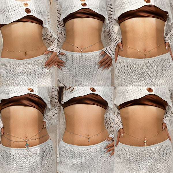 Sexy rhinestone puncture navel nail waist chain, sweet and cool summer body chain