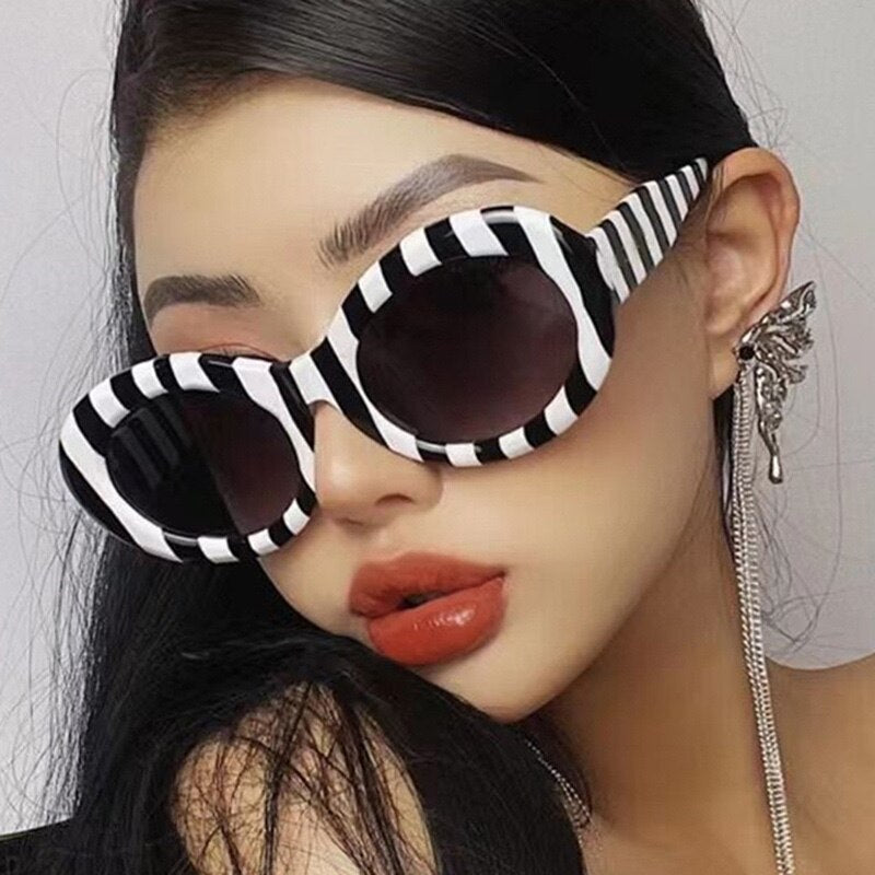 Striped Zebra Oval Sunglasses New Net Red Street Shot Personality Female Hip Hop Sunglasses Trend