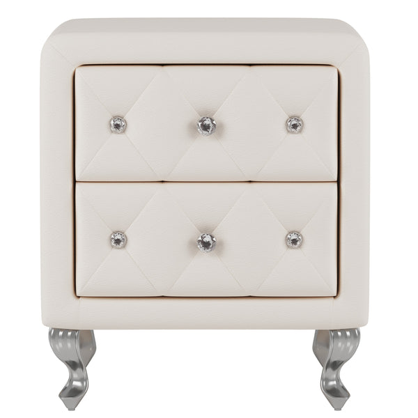 Elegant PU bedside table with 2 drawers and crystal handles, storage with metal legs - white