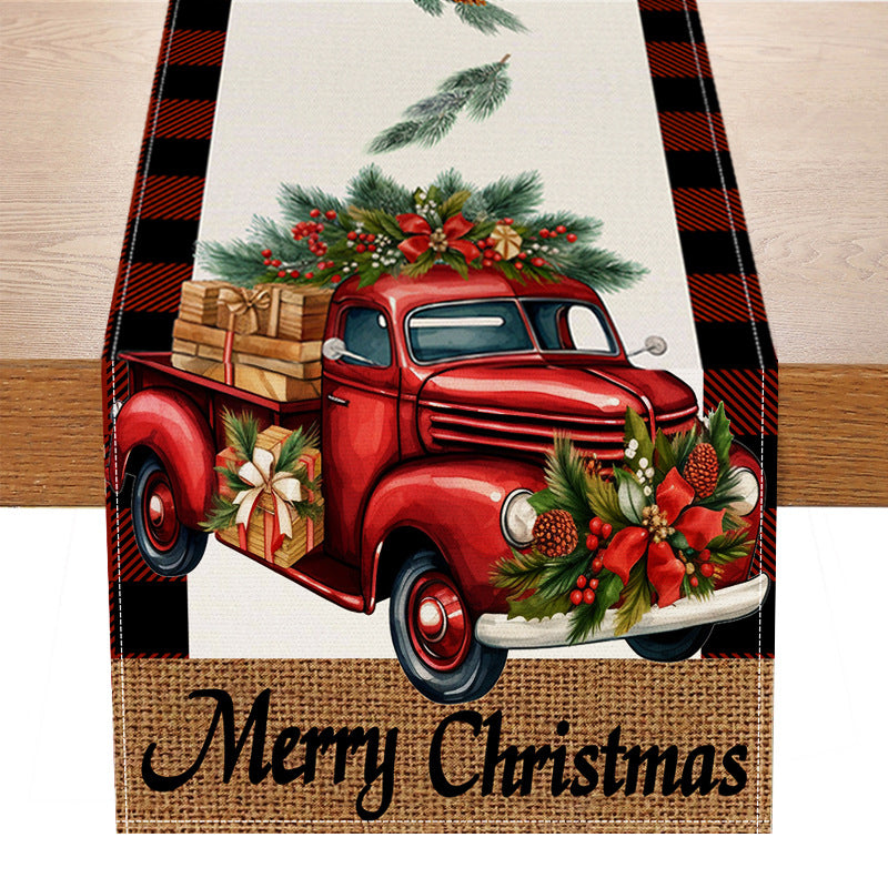 Red car printed table flag Christmas red black checkered linen living room decoration tablecloth
