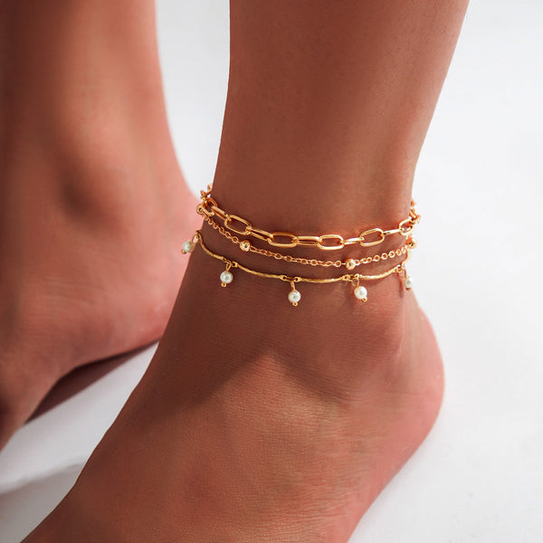 Beach star shaped tassel ankle bracelet, simple foot decoration, fashionable imitation pearl, versatile ankle chain