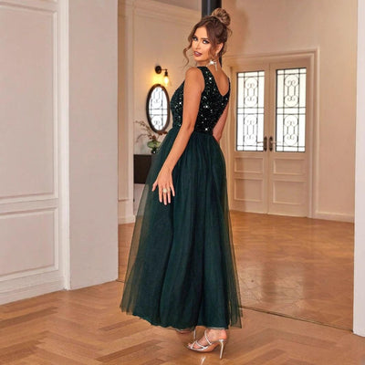 ElegantStyle Sexy Sleeveless Women's Shiny Mesh Splicing Swing Dress