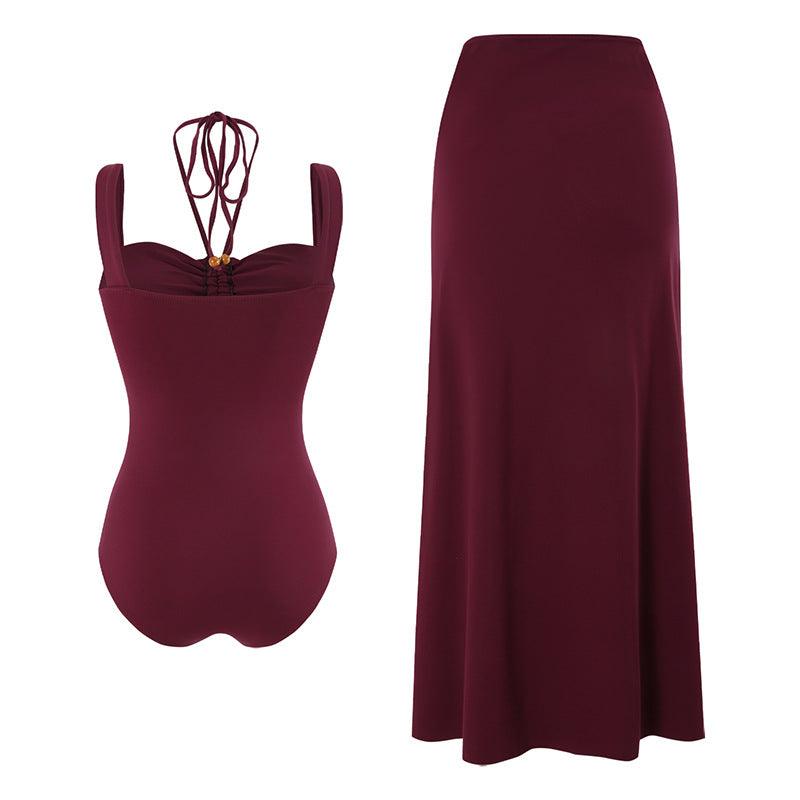 Strap decoration hollow neck hanging strap one-piece swimsuit women's long skirt set