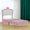 Twin Size Upholstered Bed Frame with LED Lights, Modern Upholstered Princess Bed with Crown Headboard, Pink+White