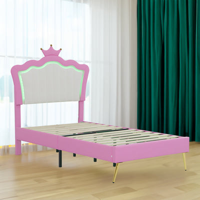 Twin Size Upholstered Bed Frame with LED Lights, Modern Upholstered Princess Bed with Crown Headboard, Pink+White