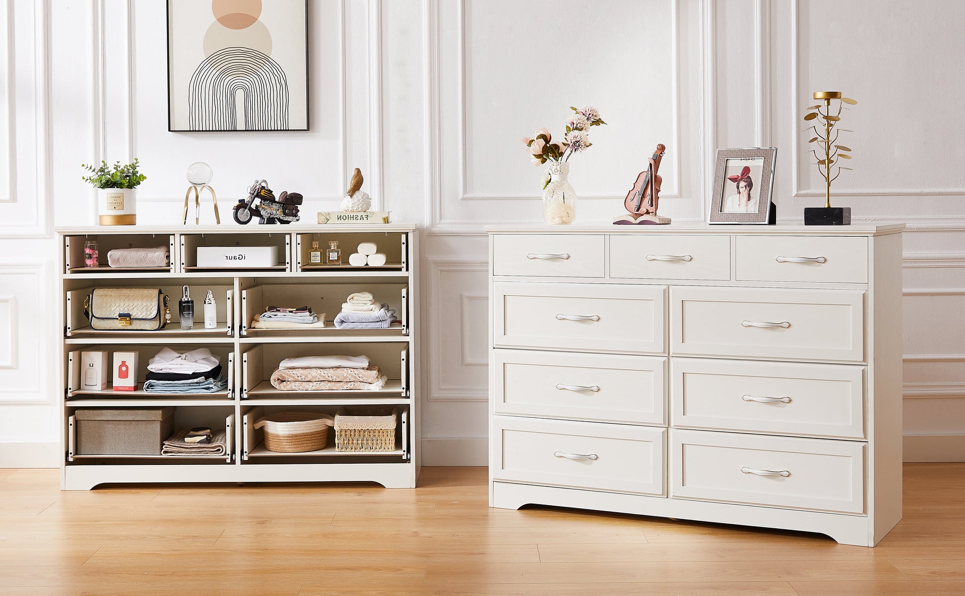 Bedroom dresser 9 drawer long dresser with antique handles wood chest of drawers for kids room 47.56''W x 15.75''D x 34.45''H