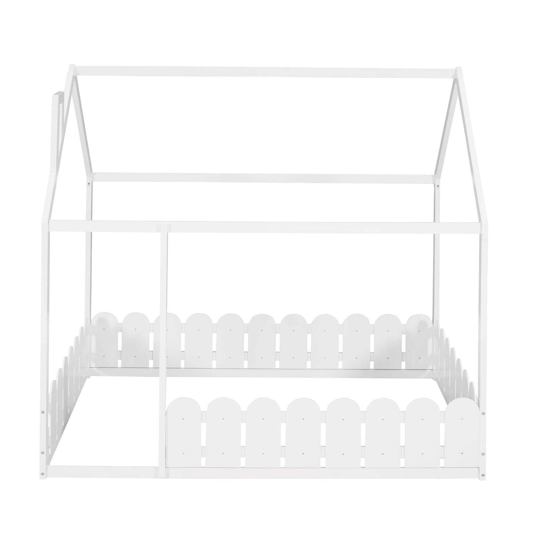 (Slats are not included) Full Size Wood Bed House Bed Frame with Fence for Kids Teens Girls Boys (White )
