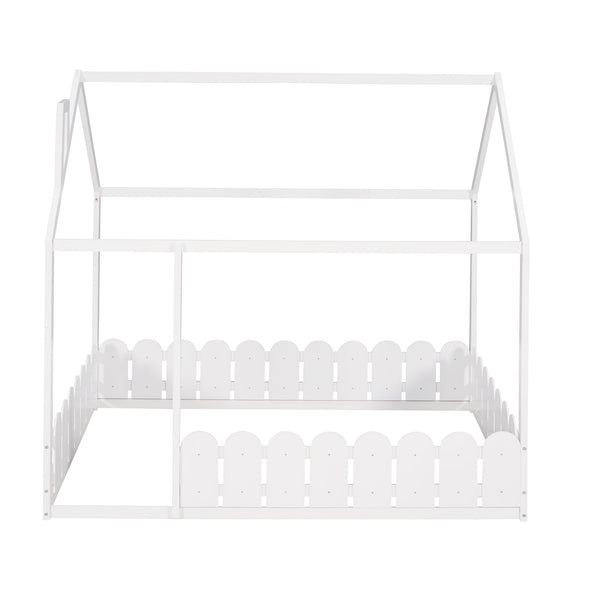 (Slats are not included) Full Size Wood Bed House Bed Frame with Fence for Kids Teens Girls Boys (White ) - Gifts for You 'n Me