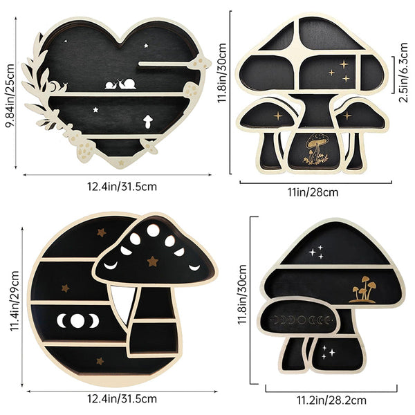 Adorable Mushroom - themed Decor. Wall - mounted Wooden Floating Mushroom Shelf. Ideal as a Crystal Display Shelf or a Rock Gem