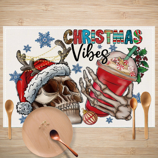 Skull Milk Tea Cup Printed Meal Mat Christmas Snowflake Letter Linen Table Mat Holiday Table Decoration Insulation Mat