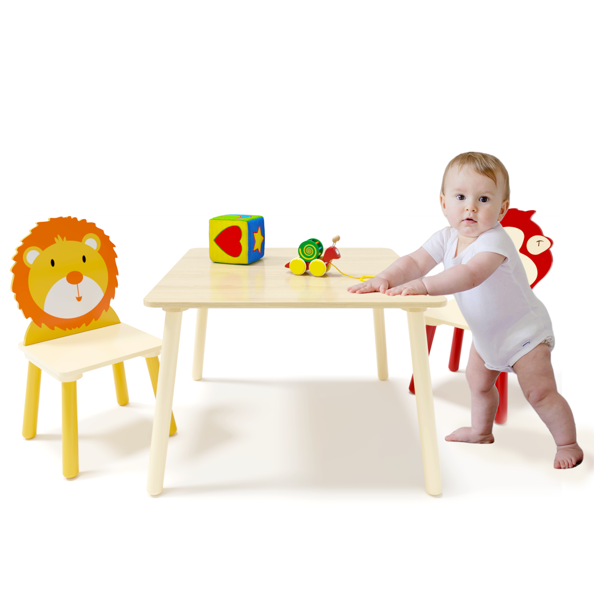 Kids Table and 2 Chairs Set 3 Pieces Toddler Table and Chair Set Wooden Activity Play Table Set (Lion&Monkey)