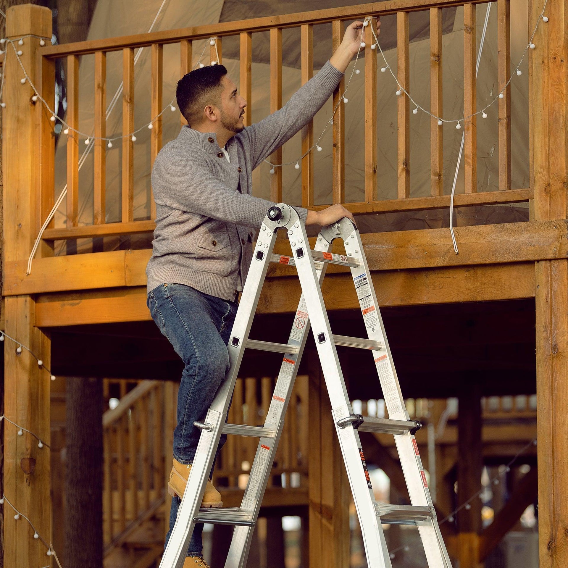 17ft Multi-Position Foldable Aluminum Ladder, A-Frame and Straight Ladder, ANSI 250lbs