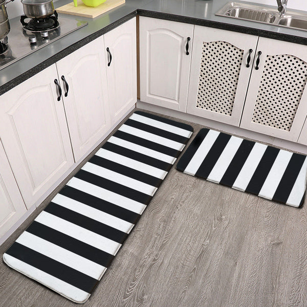 Kitchen floor mat stripes black and white