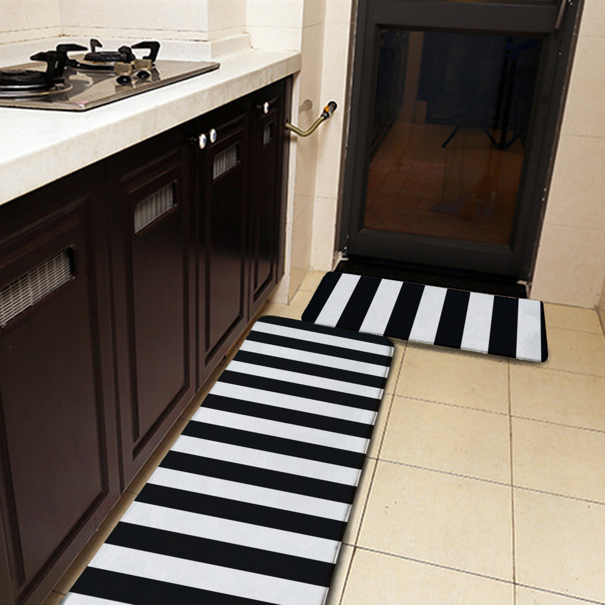 Kitchen floor mat stripes black and white