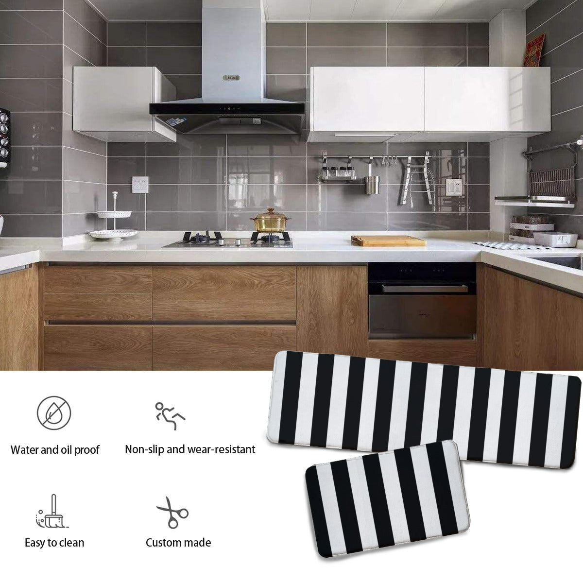 Black and White Striped Kitchen Mat – Flannel Non-Slip Floor Rug for Modern Home or Entryway