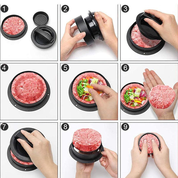 3-in-1 Manual Kitchen Gadget: Hamburger Patty, Round Beef Burger & Meatball Press.