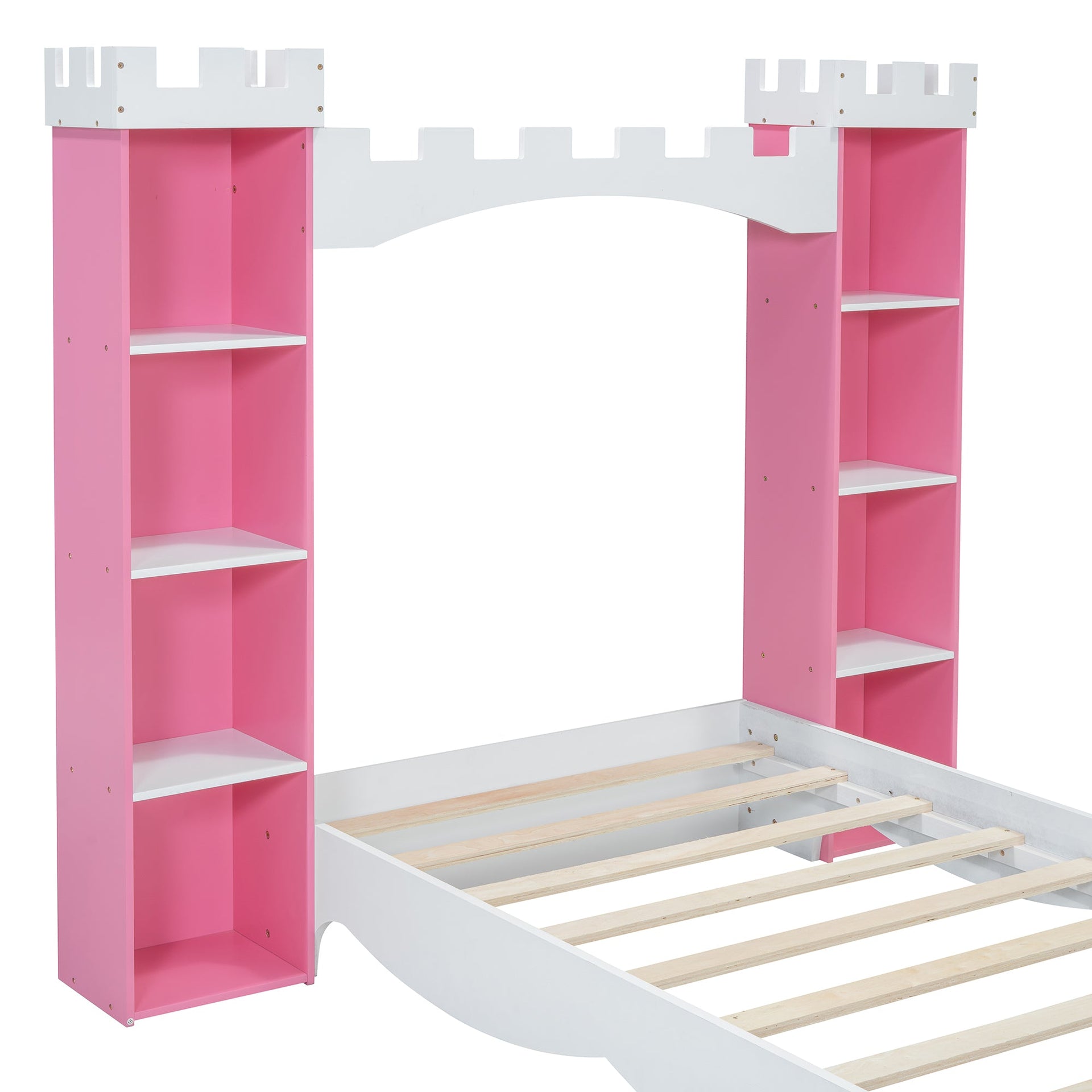Castle-Shaped Wooden Bed with Storage Shelf, Dreamy Twin Size Platform Bed for Kids Bedroom, Pink+ White