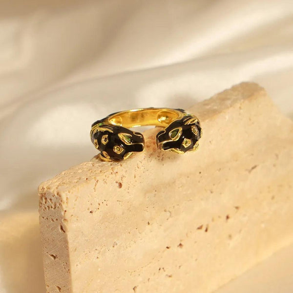 Black Panther Diamond Set Enamel Glazed Open Ring Fashionable and niche Design Jewelry for Women