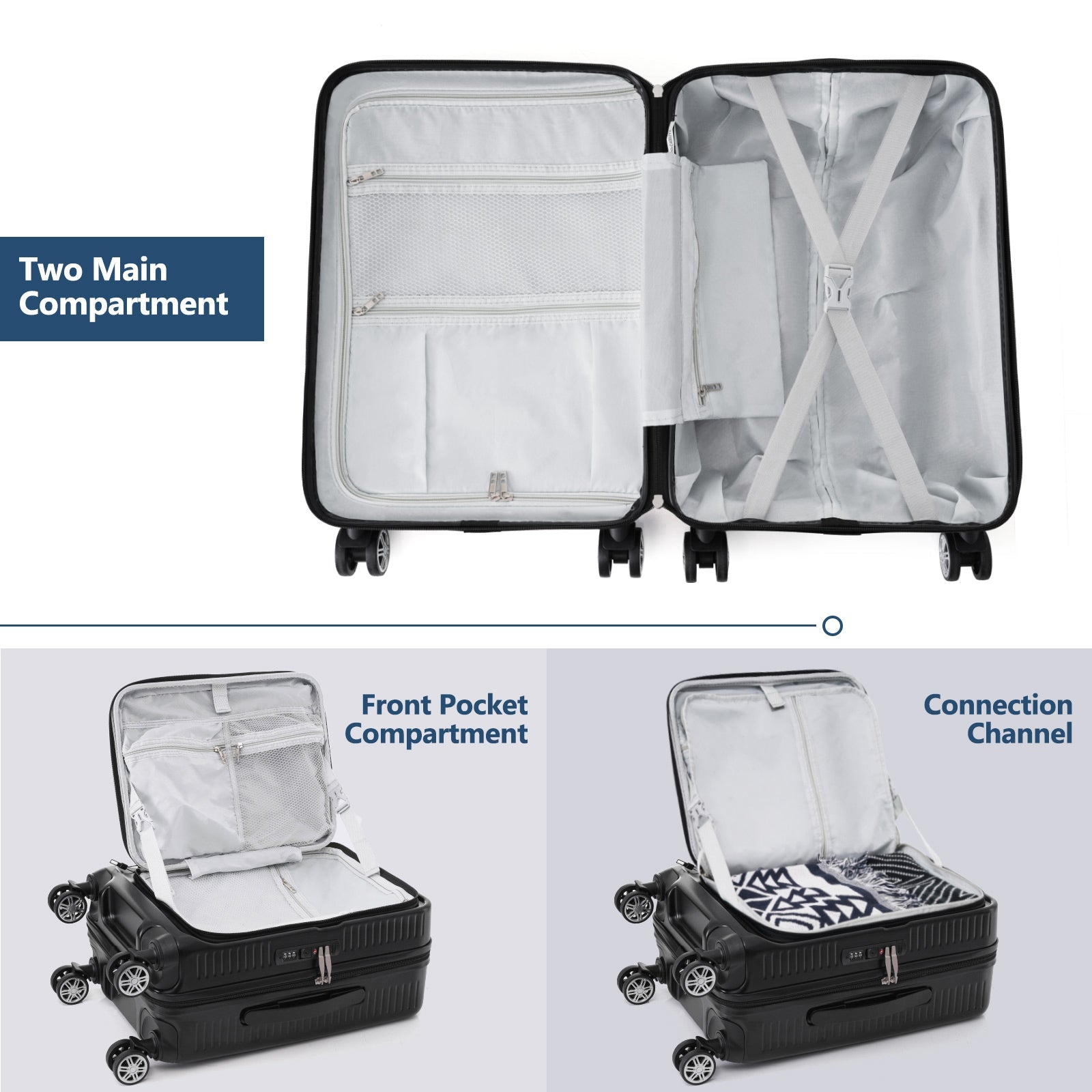 Carry-on Luggage 20 Inch Front Open Luggage Lightweight Suitcase with Front Pocket and USB Port, 1 Portable Carrying Case Black