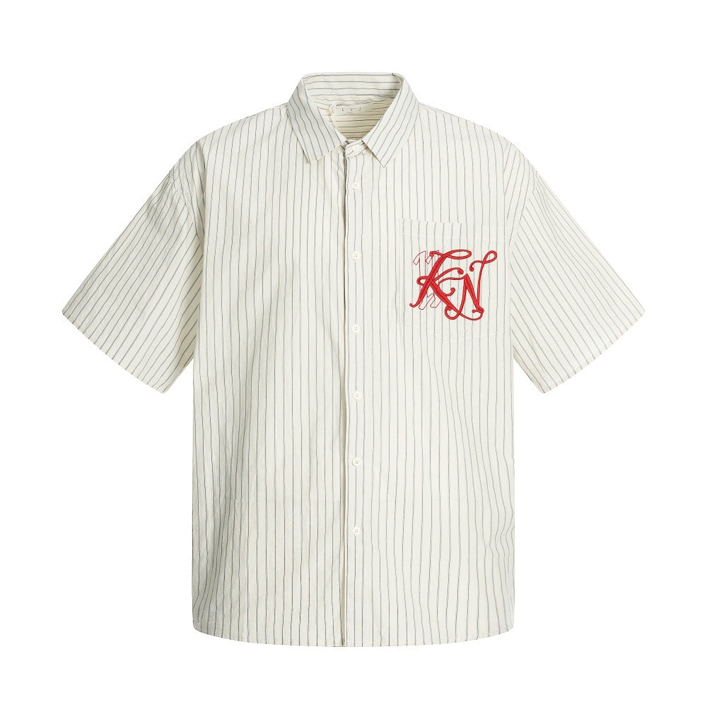 American Style Trendy Vertical Striped Embroidered Letter Short Sleeve Shirt Men's Loose Design Pockets Turn-Down Collar Shirt Summer