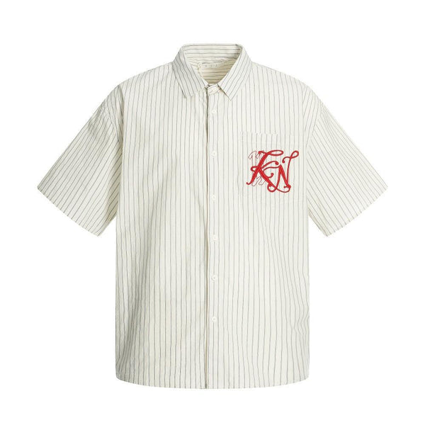 American Style Trendy Vertical Striped Embroidered Letter Short Sleeve Shirt Men's Loose Design Pockets Turn-Down Collar Shirt Summer
