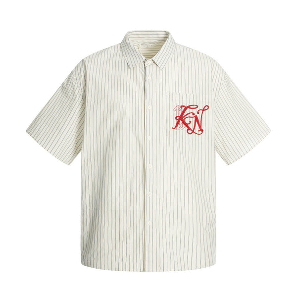 American Style Trendy Vertical Striped Embroidered Letter Short Sleeve Shirt Men's Loose Design Pockets Turn-Down Collar Shirt Summer