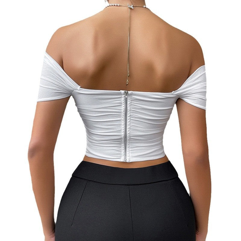 Fishbone waist cinched strapless camisole vest corset one shoulder short sleeved top for women