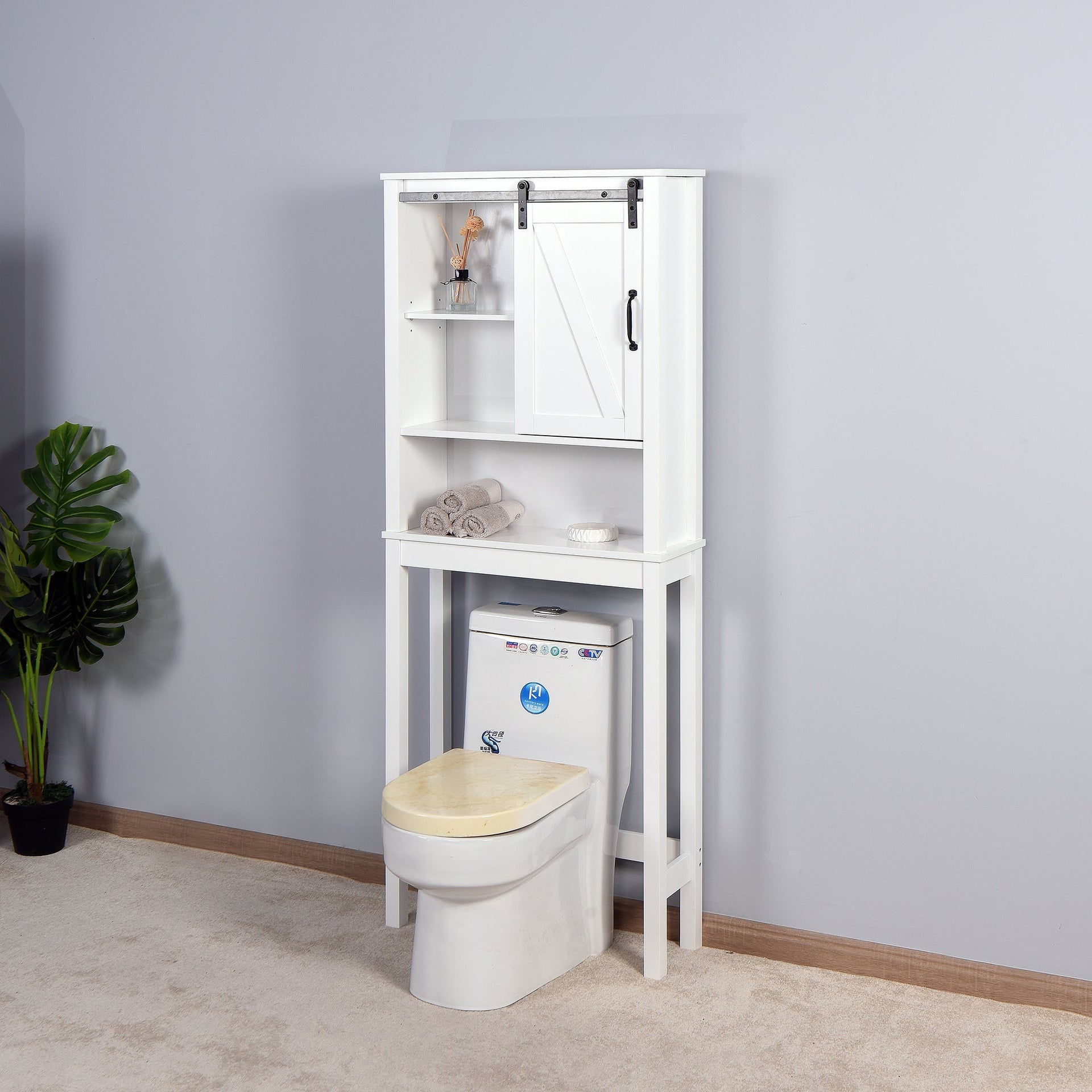 Over-the-Toilet Storage Cabinet, Space-Saving Bathroom Cabinet, with Adjustable Shelves and A Barn Door 27.16 x 9.06 x 67 inch V.I.P Digital Presence