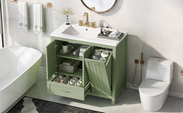 36 inch bathroom vanity with sink, one double door cabinet one large drawer and one flip drawer solid wood and MDF board, green