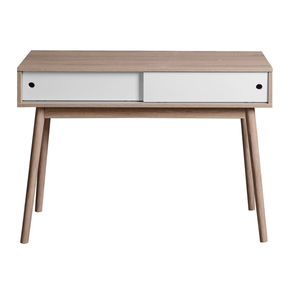 Kitchen Mid-Century Table Writing Desk with 2 Push-pull White Panel Drawers and Wood Legs, Natural Color