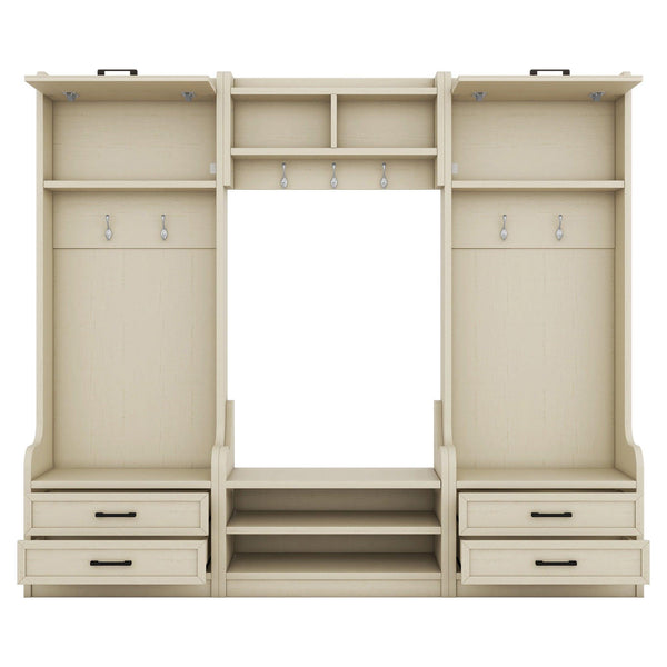 Four in one detachable hall tree with drawers and cabinets, 7 hooks, multifunctional corridor hangers, antique beige shoe stools