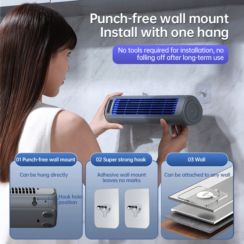Wall-mounted AC fan: quiet, rechargeable, portable, cooling. For home, kitchen, bathroom – no drilling.