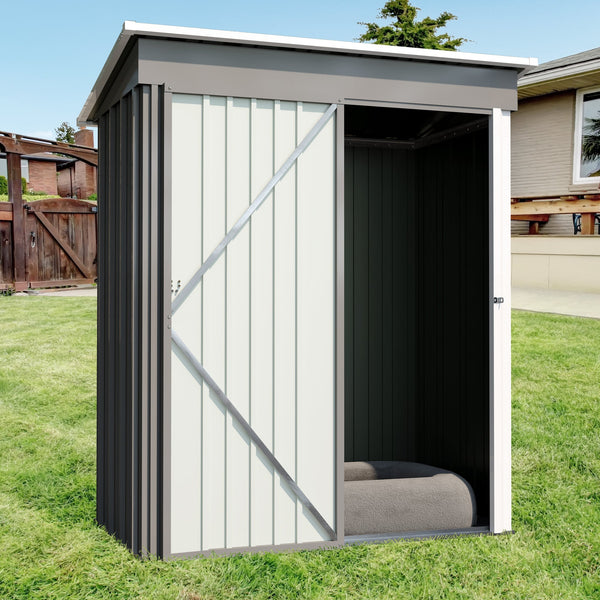 5 * 3FT outdoor storage shed, tool shed with sloping roof and lockable door, backyard garden metal shed, courtyard lawn, gray
