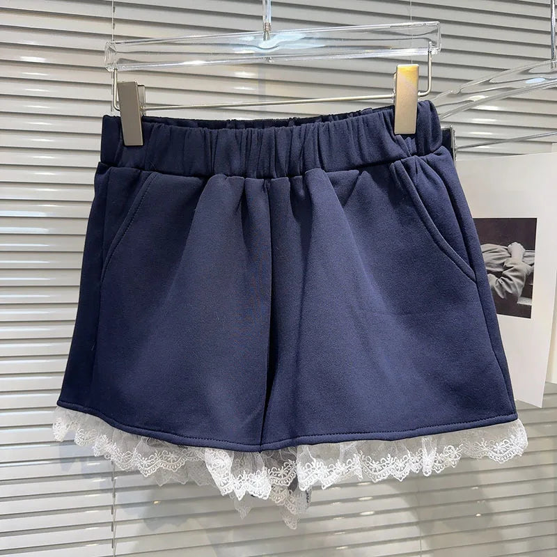 Autumn New Fashion Women's Set V-neck Digital Pattern Embroidered Hoodie Elastic Waist Lace Edge Shorts