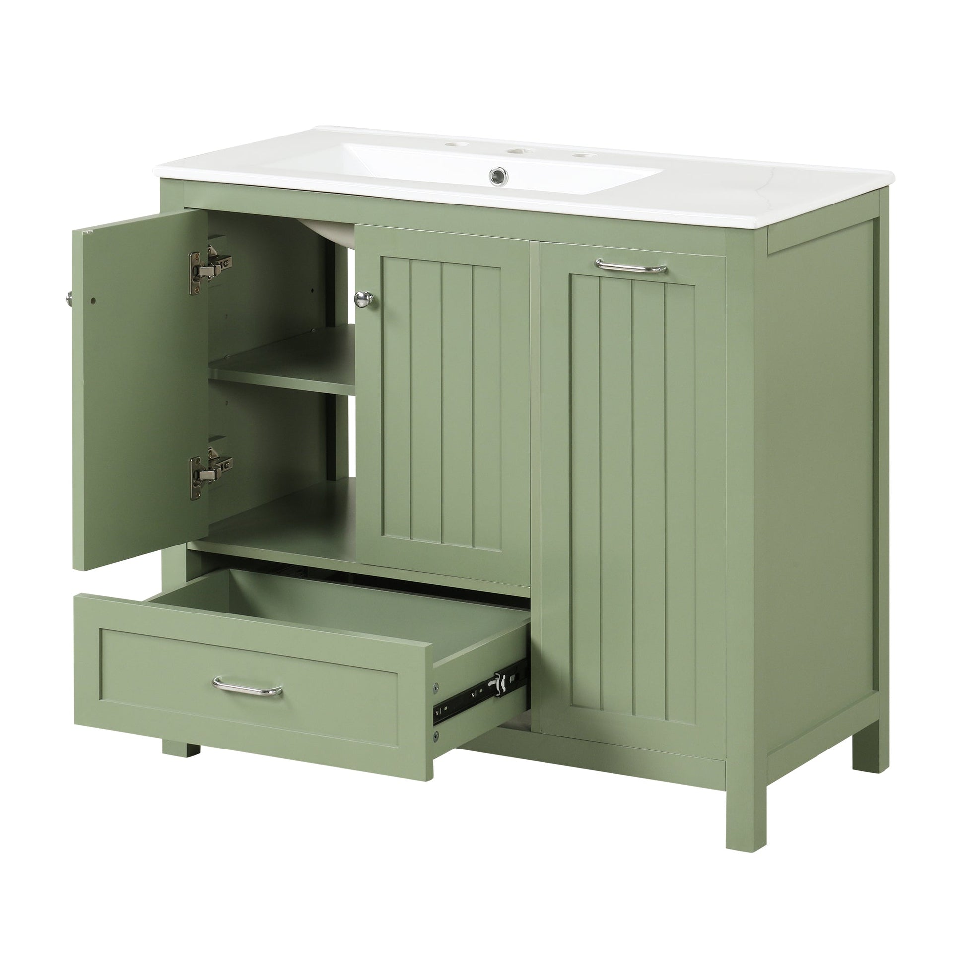 36 inch bathroom vanity with sink, one double door cabinet one large drawer and one flip drawer solid wood and MDF board, green