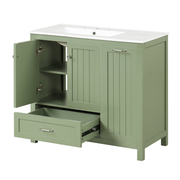 36 inch bathroom vanity with sink, one double door cabinet one large drawer and one flip drawer solid wood and MDF board, green