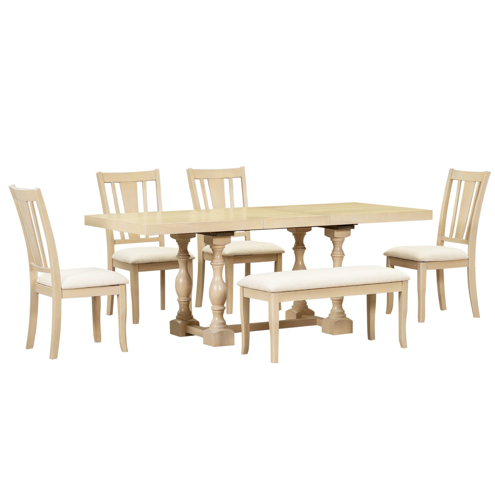 Traditional 6-Piece 78inch Trestle Extendable Dining Table Set with One 18inch Removable Leaf Padded Dining Chairs Bench,Natural