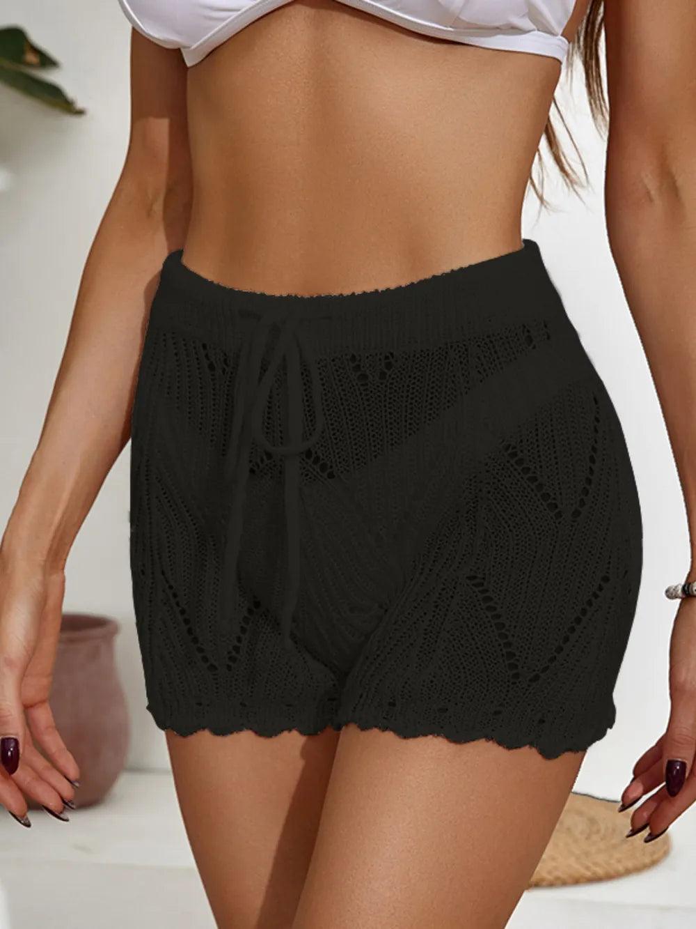 Hook flower hollowed out beach shorts with drawstring
