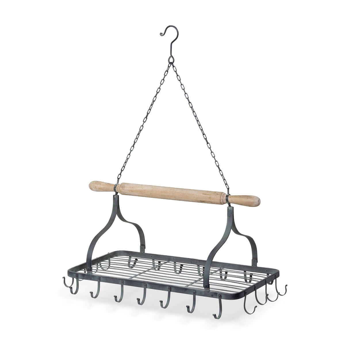 Farmhouse Hanging Pot Rack with Rolling Pin and Hooks