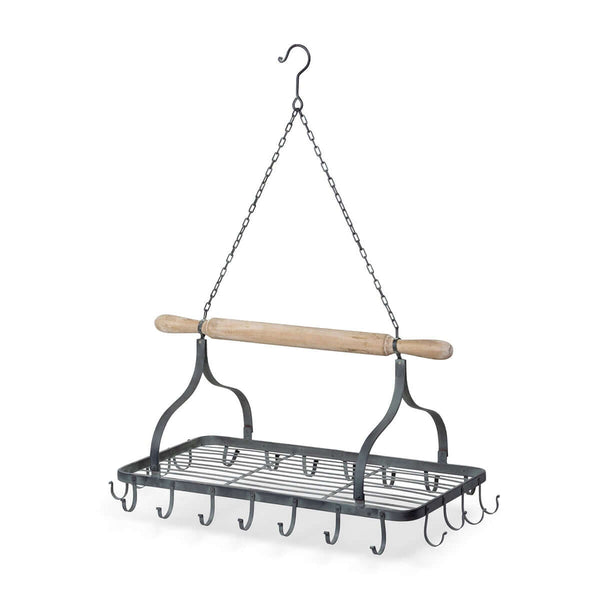 Farmhouse Hanging Pot Rack with Rolling Pin and Hooks
