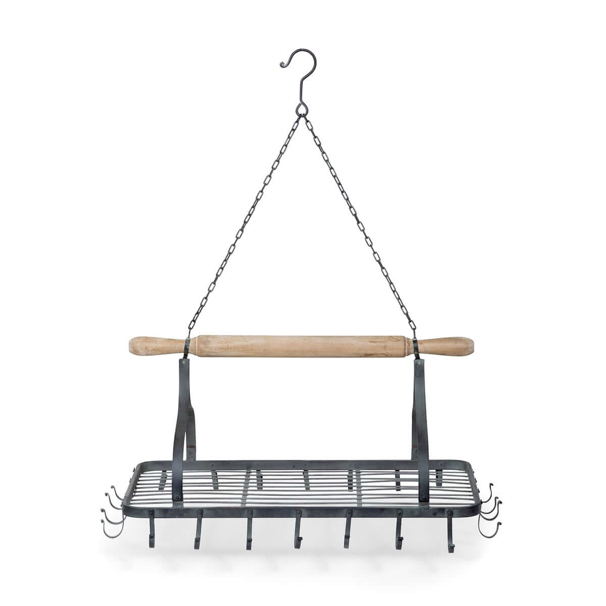 Farmhouse Hanging Pot Rack with Rolling Pin and Hooks