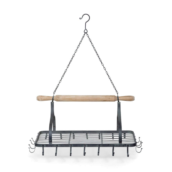 Farmhouse Hanging Pot Rack with Rolling Pin and Hooks