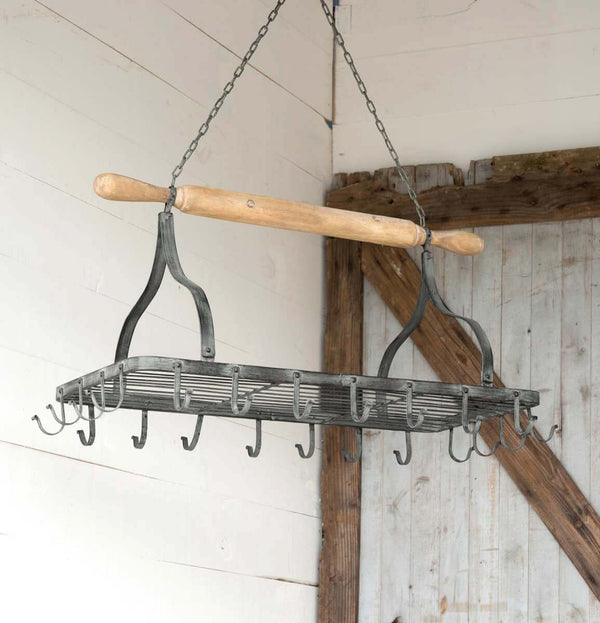 Farmhouse Hanging Pot Rack with Rolling Pin and Hooks