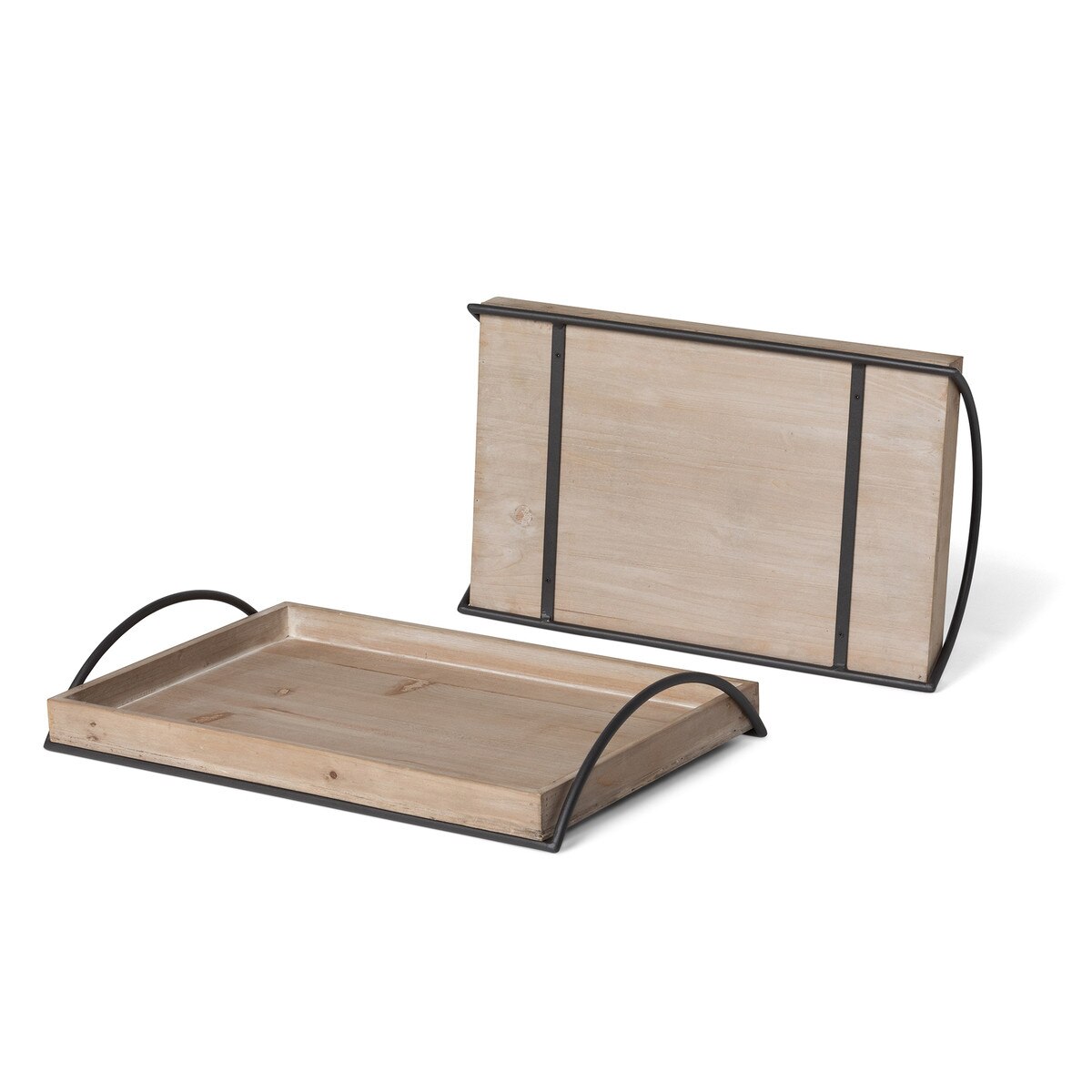 Wood Trays with Iron Handle, Set of 2